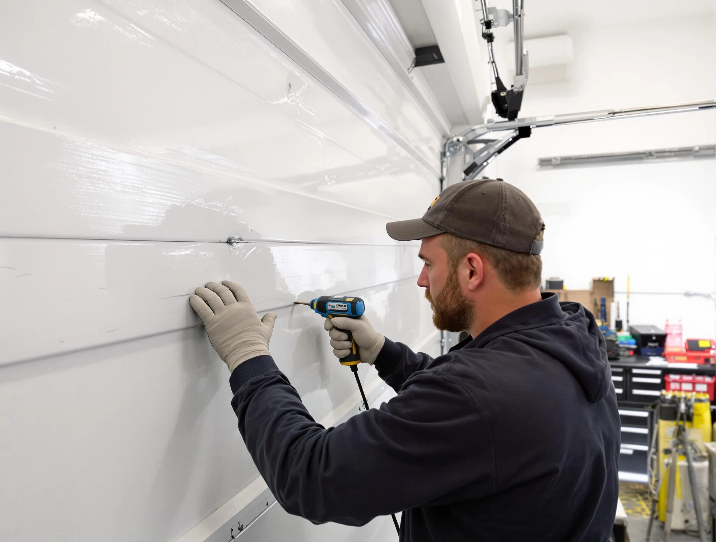 Concord Garage Door Repair technician demonstrating precision dent removal techniques on a Concord garage door